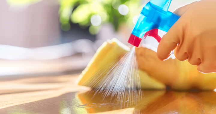 A person cleaning and disinfecting a household surfaces during COVID-19.