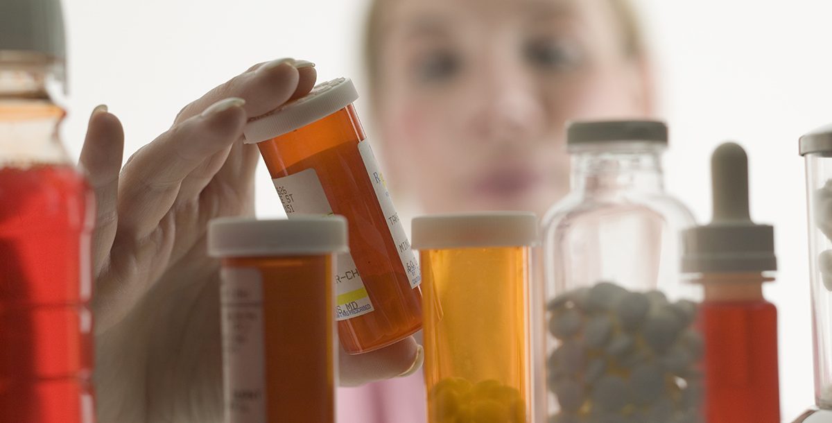 Prescription drugs in a medicine cabinet.